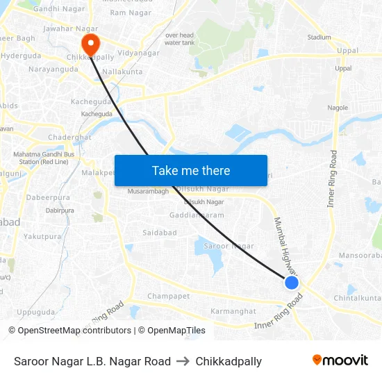Saroor Nagar L.B. Nagar Road to Chikkadpally map