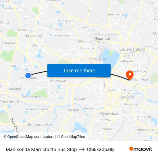 Manikonda Marrichettu Bus Stop to Chikkadpally map