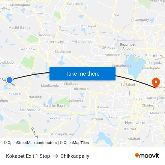 Kokapet Exit 1 Stop to Chikkadpally map
