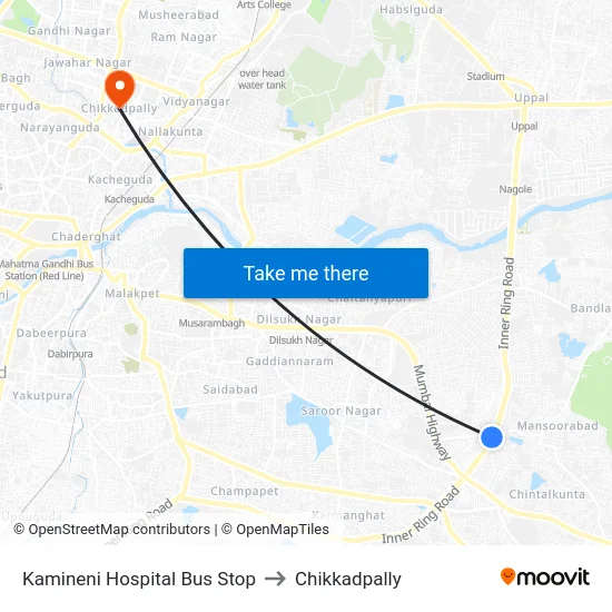 Kamineni Hospital Bus Stop to Chikkadpally map