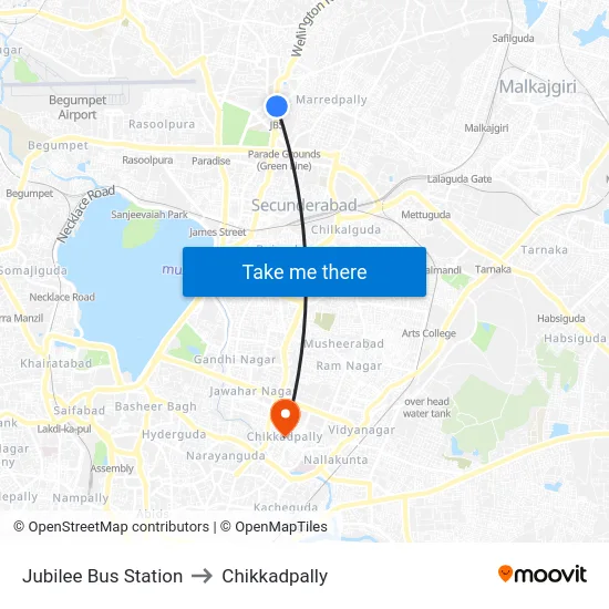Jubilee Bus Station to Chikkadpally map