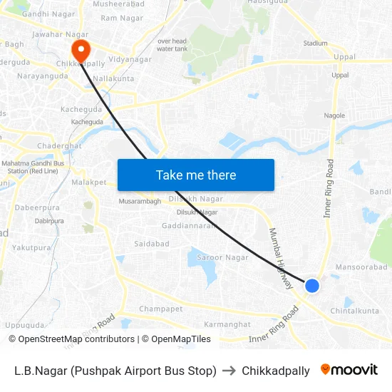 L.B.Nagar (Pushpak Airport Bus Stop) to Chikkadpally map