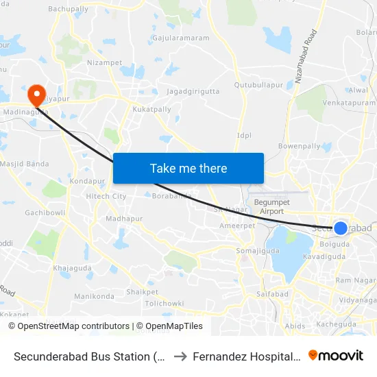 Secunderabad Bus Station to Fernandez Hospital Miyapur map