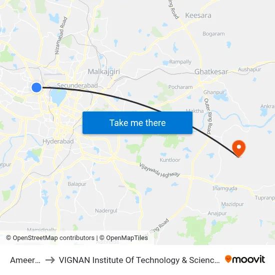 Ameerpet to VIGNAN Institute Of Technology & Science (V.I.T.S) map