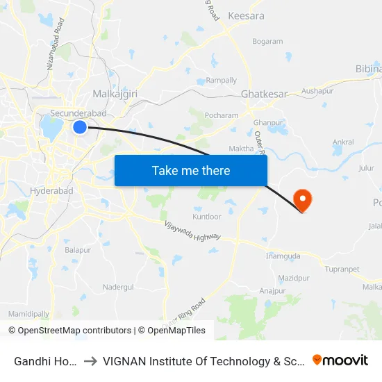 Gandhi Hospital to VIGNAN Institute Of Technology & Science (V.I.T.S) map