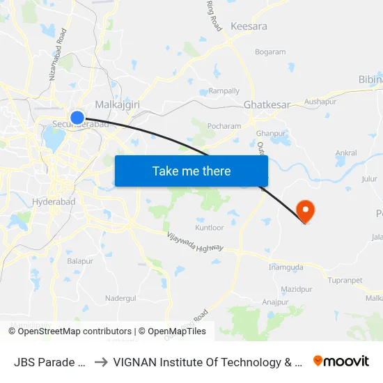 JBS Parade Ground to VIGNAN Institute Of Technology & Science (V.I.T.S) map