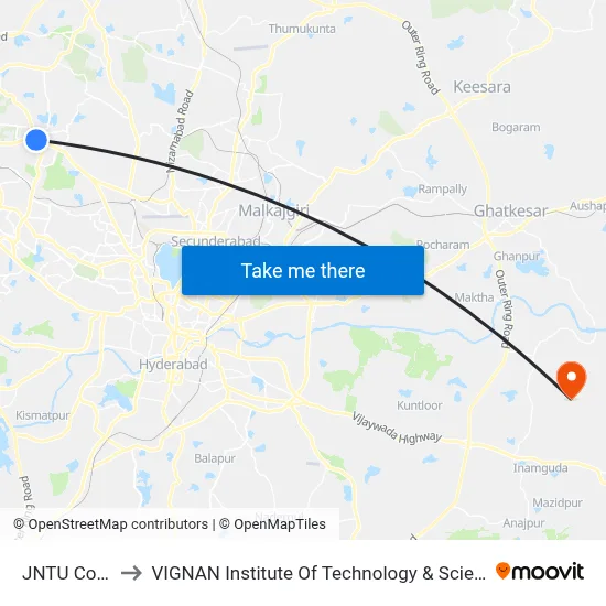 JNTU College to VIGNAN Institute Of Technology & Science (V.I.T.S) map