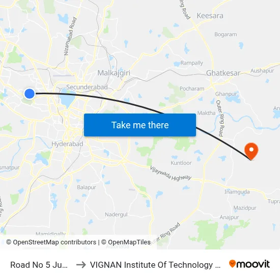 Road No 5 Jubilee Hills to VIGNAN Institute Of Technology & Science (V.I.T.S) map