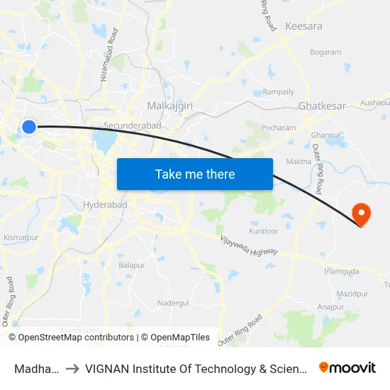 Madhapur to VIGNAN Institute Of Technology & Science (V.I.T.S) map