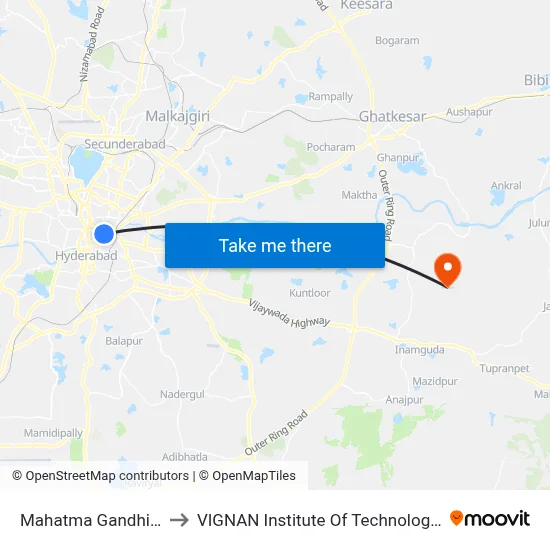 Mahatma Gandhi Bus Station to VIGNAN Institute Of Technology & Science (V.I.T.S) map