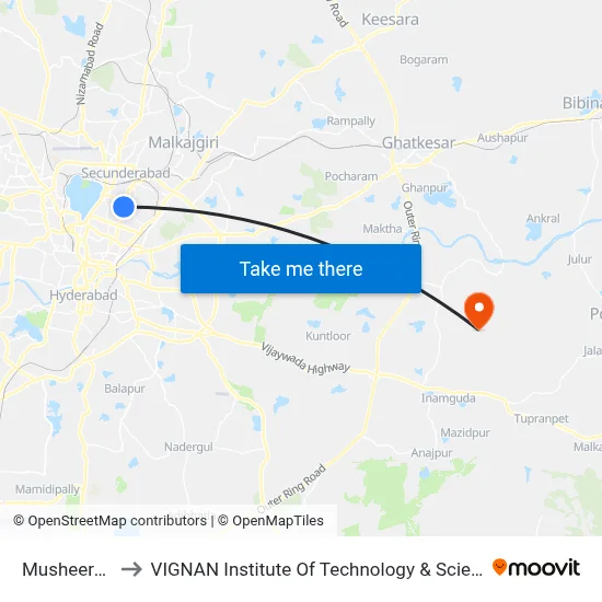 Musheerabad to VIGNAN Institute Of Technology & Science (V.I.T.S) map