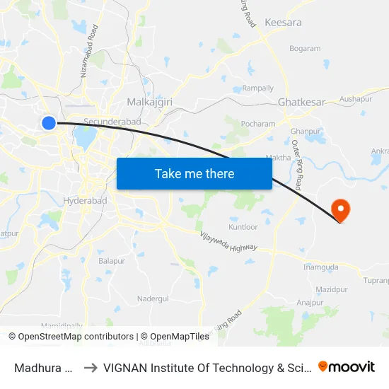 Madhura Nagar to VIGNAN Institute Of Technology & Science (V.I.T.S) map