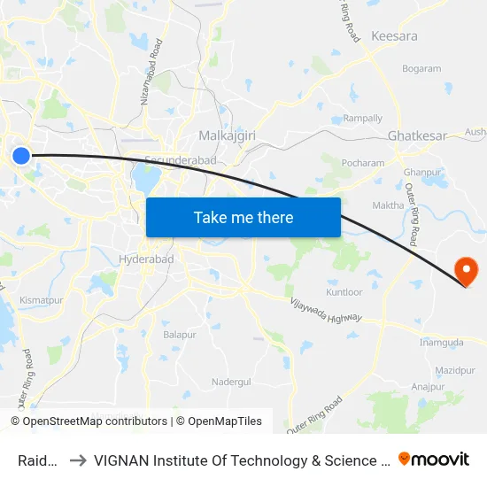 Raidurg to VIGNAN Institute Of Technology & Science (V.I.T.S) map