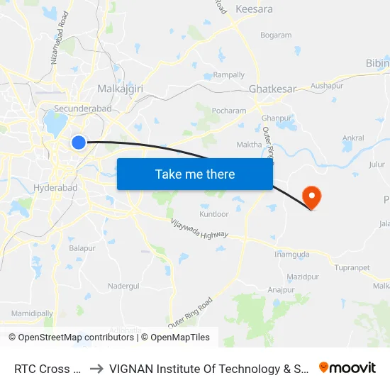 RTC Cross Roads to VIGNAN Institute Of Technology & Science (V.I.T.S) map