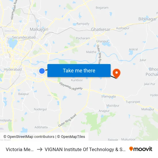 Victoria Memorial to VIGNAN Institute Of Technology & Science (V.I.T.S) map