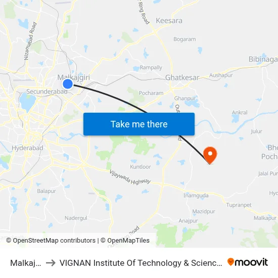 Malkajgiri to VIGNAN Institute Of Technology & Science (V.I.T.S) map