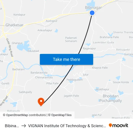 Bibinagar to VIGNAN Institute Of Technology & Science (V.I.T.S) map