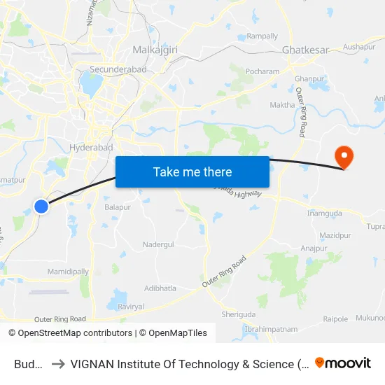 Budvel to VIGNAN Institute Of Technology & Science (V.I.T.S) map