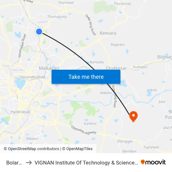 Bolarum to VIGNAN Institute Of Technology & Science (V.I.T.S) map