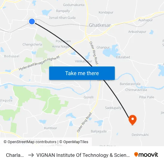 Charlapalli to VIGNAN Institute Of Technology & Science (V.I.T.S) map