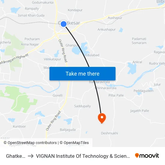 Ghatkesar to VIGNAN Institute Of Technology & Science (V.I.T.S) map