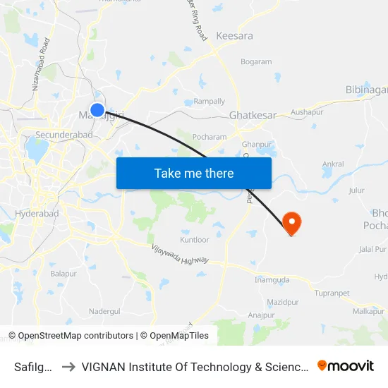 Safilguda to VIGNAN Institute Of Technology & Science (V.I.T.S) map