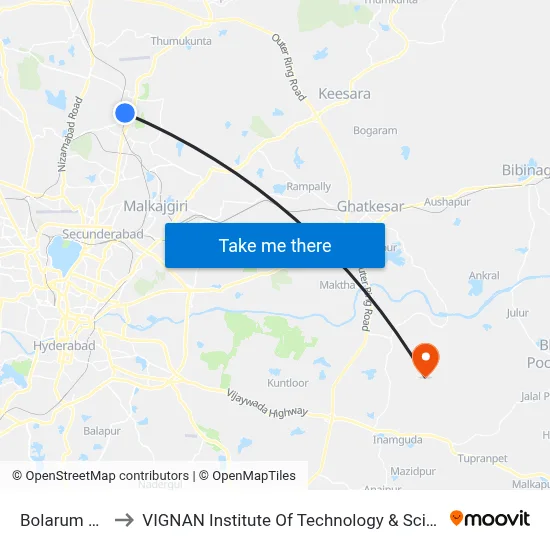 Bolarum Bazar to VIGNAN Institute Of Technology & Science (V.I.T.S) map