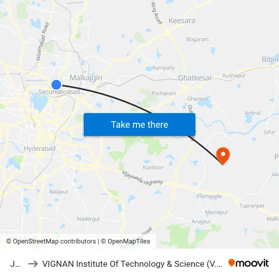 JBS to VIGNAN Institute Of Technology & Science (V.I.T.S) map