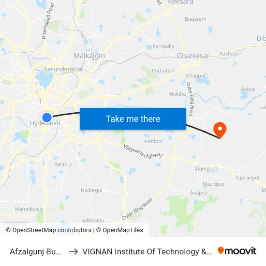 Afzalgunj Bus Station to VIGNAN Institute Of Technology & Science (V.I.T.S) map