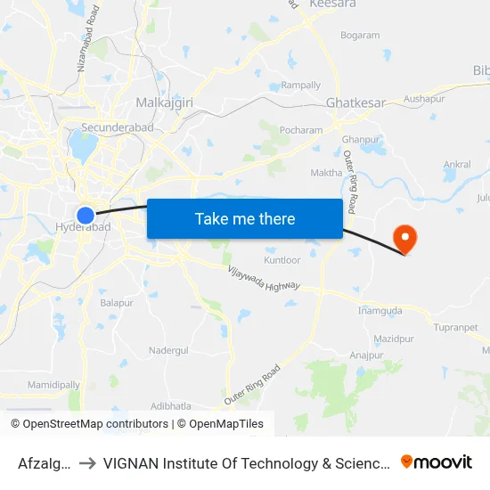 Afzalgunj to VIGNAN Institute Of Technology & Science (V.I.T.S) map