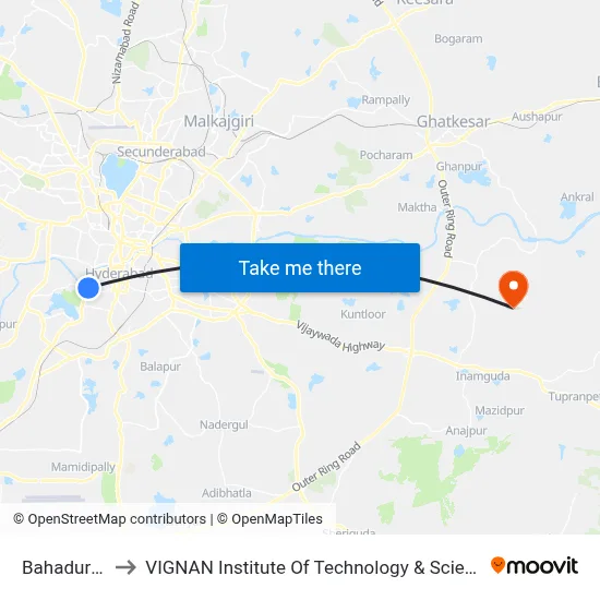 Bahadurpura to VIGNAN Institute Of Technology & Science (V.I.T.S) map