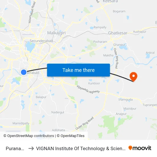 Puranapool to VIGNAN Institute Of Technology & Science (V.I.T.S) map