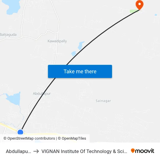 Abdullapurmet to VIGNAN Institute Of Technology & Science (V.I.T.S) map