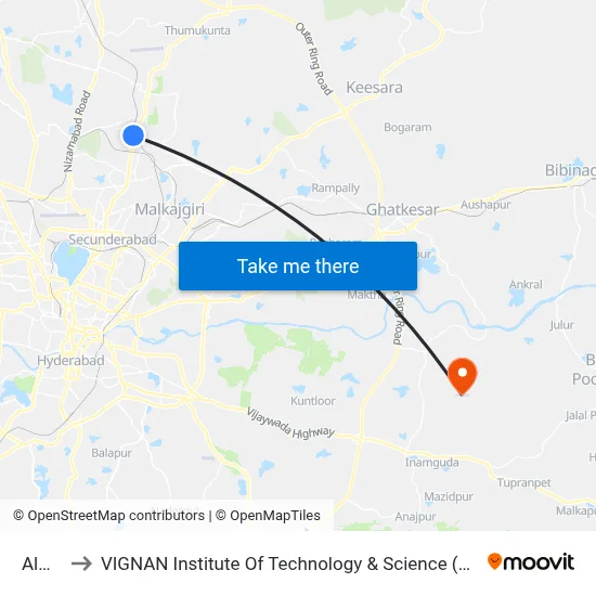 Alwal to VIGNAN Institute Of Technology & Science (V.I.T.S) map