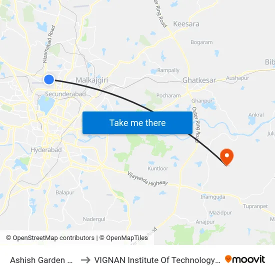 Ashish Garden Bowenpally to VIGNAN Institute Of Technology & Science (V.I.T.S) map