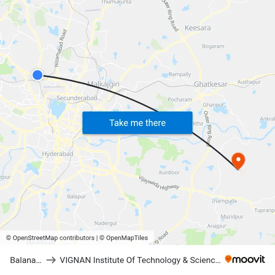 Balanagar to VIGNAN Institute Of Technology & Science (V.I.T.S) map