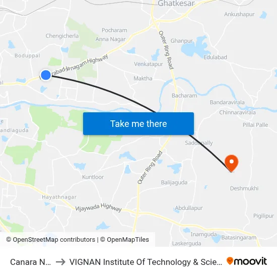 Canara Nagar to VIGNAN Institute Of Technology & Science (V.I.T.S) map