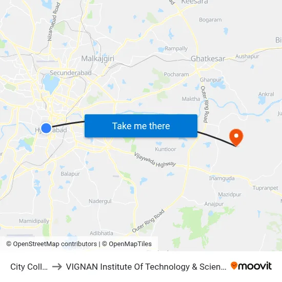City College to VIGNAN Institute Of Technology & Science (V.I.T.S) map