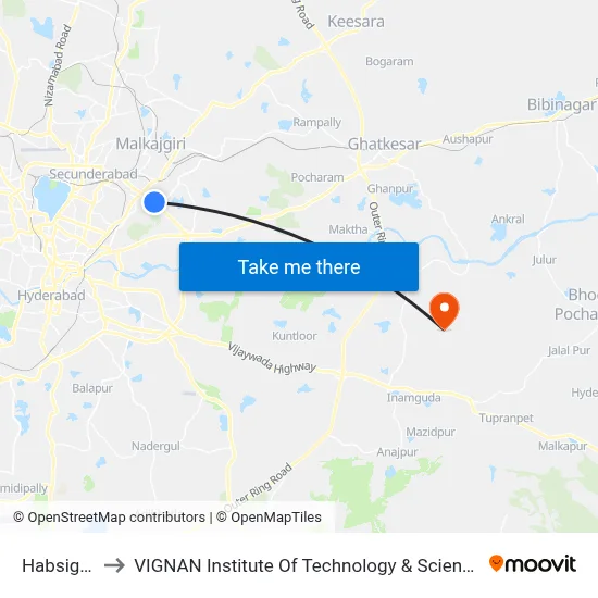 Habsiguda to VIGNAN Institute Of Technology & Science (V.I.T.S) map