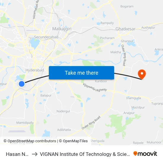Hasan Nagar to VIGNAN Institute Of Technology & Science (V.I.T.S) map