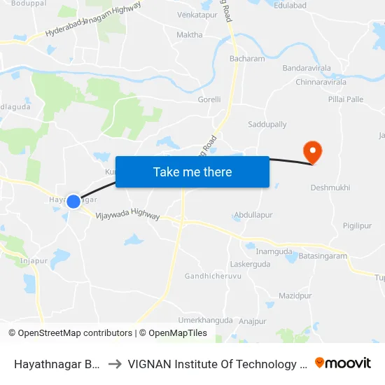 Hayathnagar Bus Station to VIGNAN Institute Of Technology & Science (V.I.T.S) map