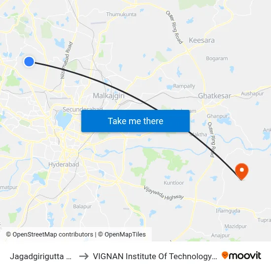Jagadgirigutta Bus Station to VIGNAN Institute Of Technology & Science (V.I.T.S) map