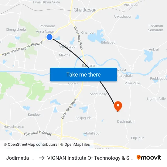 Jodimetla X Road to VIGNAN Institute Of Technology & Science (V.I.T.S) map