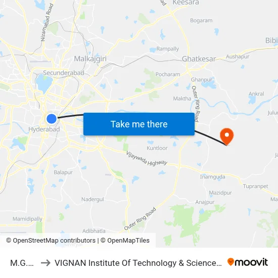 M.G.B.S to VIGNAN Institute Of Technology & Science (V.I.T.S) map