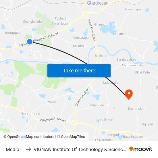 Medipally to VIGNAN Institute Of Technology & Science (V.I.T.S) map