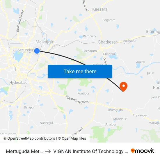 Mettuguda Metro Station to VIGNAN Institute Of Technology & Science (V.I.T.S) map