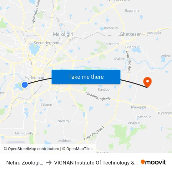 Nehru Zoological Park to VIGNAN Institute Of Technology & Science (V.I.T.S) map