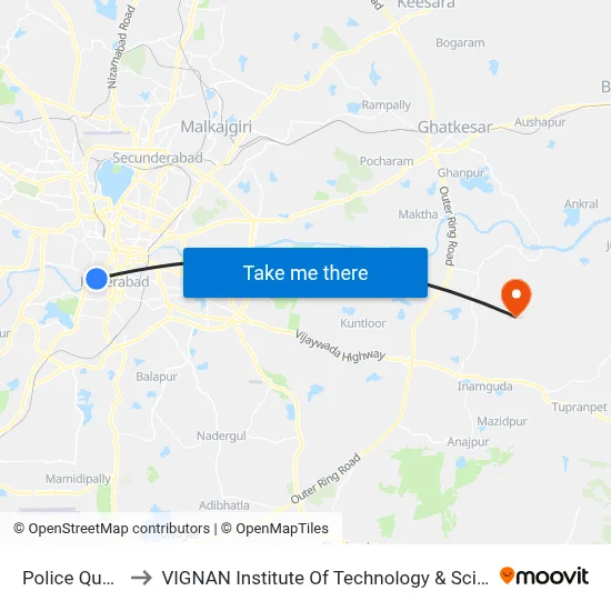 Police Quarters to VIGNAN Institute Of Technology & Science (V.I.T.S) map