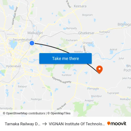 Tarnaka Railway Degree College to VIGNAN Institute Of Technology & Science (V.I.T.S) map