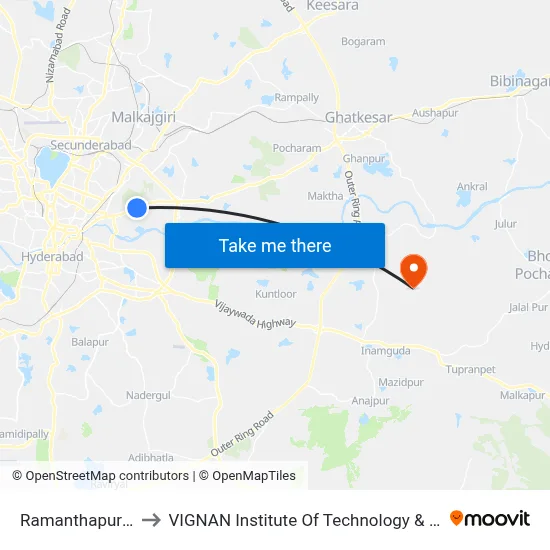 Ramanthapur Colony to VIGNAN Institute Of Technology & Science (V.I.T.S) map